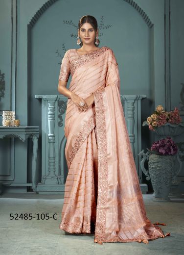 Peach Cotton Woven Sequins-Work Saree For Traditional / Religious Occasions