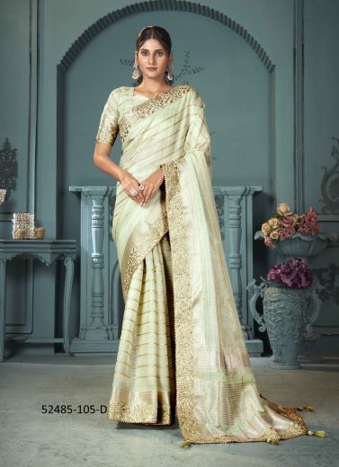 Light Green Cotton Woven Sequins-Work Saree For Traditional / Religious Occasions