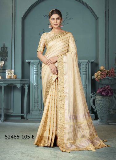 Cream Cotton Woven Sequins-Work Saree For Traditional / Religious Occasions