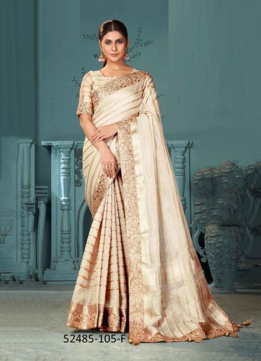 Light Beige Cotton Woven Sequins-Work Saree For Traditional / Religious Occasions