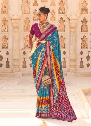 Teal Blue & Purple Dola Patola Silk Weaving Party-Wear Saree