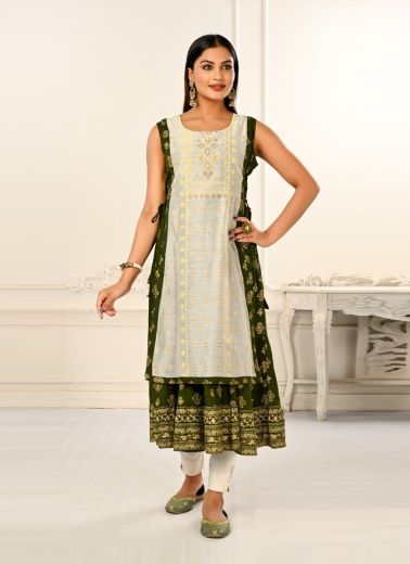 Light Gray & Green Cotton Printed Party-Wear Readymade Anarkali Kurti [With Chanderi Shrug]
