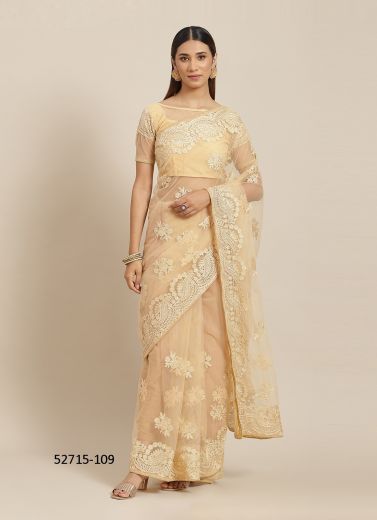 Cream Soft Net Embroidered Party-Wear Beautiful Saree