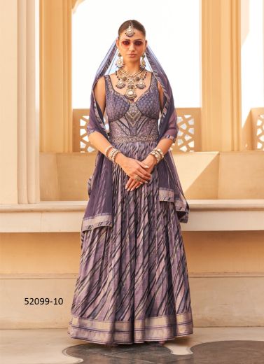 Dull Violet Silk Foil-Printed Wedding-Wear Readymade Gown With Dupatta