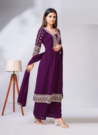 Purple Georgette Schiffli-Work Festive-Wear Readymade Salwar Kameez