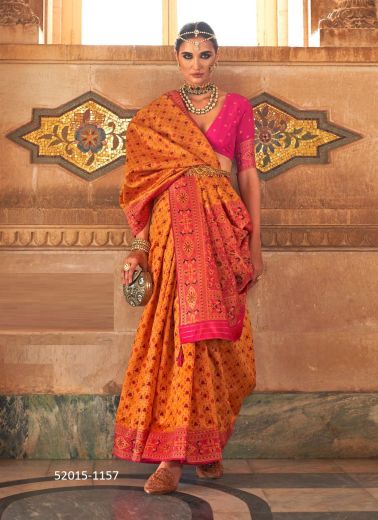 Orange Woven Patola Silk Saree For Traditional / Religious Occasions