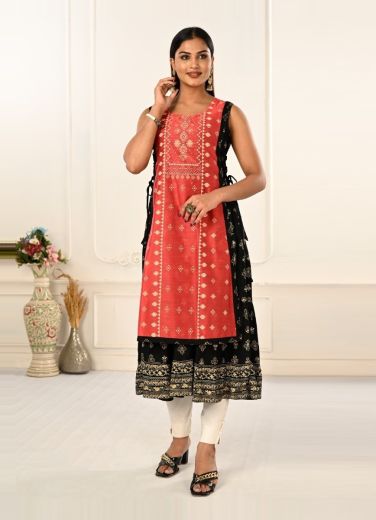 Red & Black Cotton Printed Party-Wear Readymade Anarkali Kurti [With Chanderi Shrug]