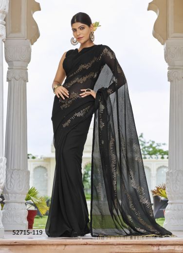 Black Georgette Embroidered Party-Wear Beautiful Saree