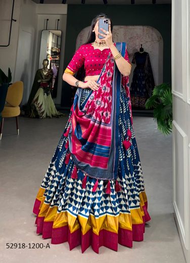 Multicolored Tussar Silk Printed Lehenga Choli For Traditional / Religious Occasions