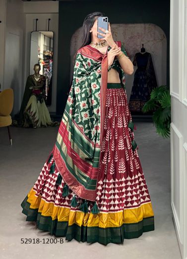 Multicolored Tussar Silk Printed Lehenga Choli For Traditional / Religious Occasions