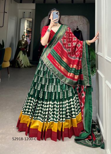 Multicolored Tussar Silk Printed Lehenga Choli For Traditional / Religious Occasions