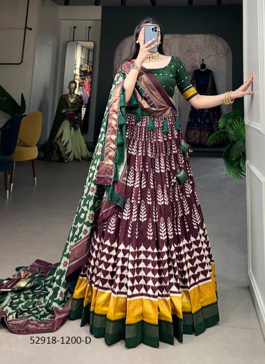 Multicolored Tussar Silk Printed Lehenga Choli For Traditional / Religious Occasions