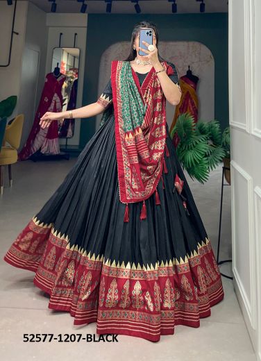 Black & Maroon Tussar Silk Woven Navratri Special Lehenga Choli [Chaniya Choli For Garba]