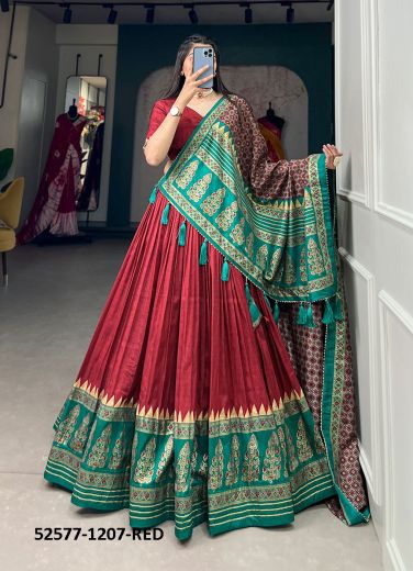 Maroon & Teal Green Tussar Silk Woven Navratri Special Lehenga Choli [Chaniya Choli For Garba]