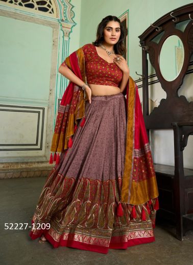 Multicolored Tussar Silk Printed Festive-Wear Lehenga Choli For Traditional / Religious Occasions