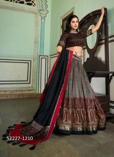 Multicolored Tussar Silk Printed Festive-Wear Lehenga Choli For Traditional / Religious Occasions