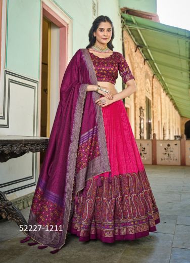 Multicolored Tussar Silk Printed Festive-Wear Lehenga Choli For Traditional / Religious Occasions