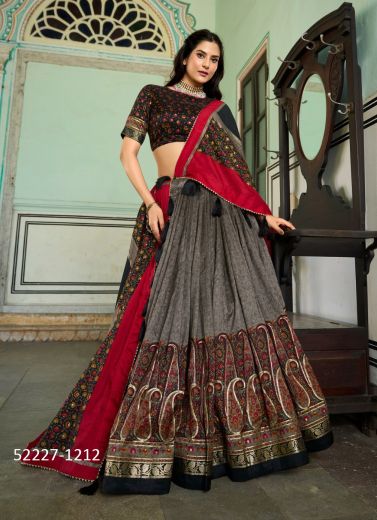 Multicolored Tussar Silk Printed Festive-Wear Lehenga Choli For Traditional / Religious Occasions