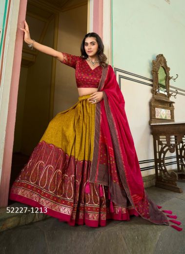 Multicolored Tussar Silk Printed Festive-Wear Lehenga Choli For Traditional / Religious Occasions