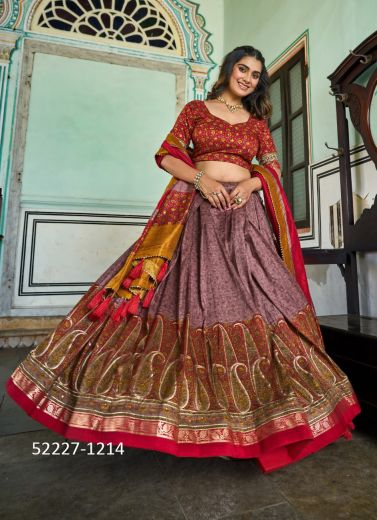 Multicolored Tussar Silk Printed Festive-Wear Lehenga Choli For Traditional / Religious Occasions