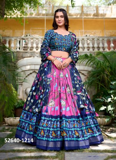 Blue & Pink Tussar Silk Digitally Printed Lehenga Choli For Traditional / Religious Occasions