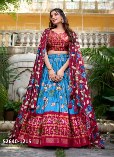 Wine Red & Sky Blue Tussar Silk Digitally Printed Lehenga Choli For Traditional / Religious Occasions