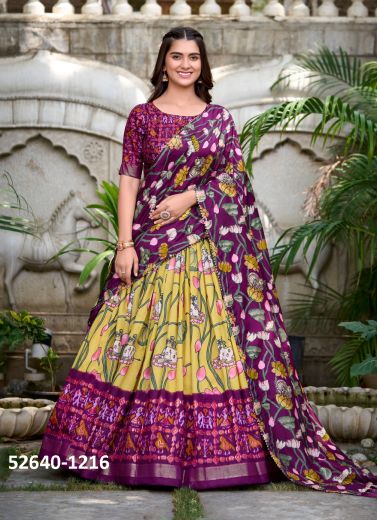 Purple & Yellow Tussar Silk Digitally Printed Lehenga Choli For Traditional / Religious Occasions