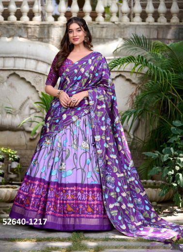 Violet & Lilac Tussar Silk Digitally Printed Lehenga Choli For Traditional / Religious Occasions