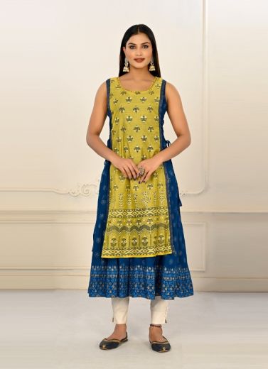 Lime Green & Blue Cotton Printed Party-Wear Readymade Anarkali Kurti [With Chanderi Shrug]