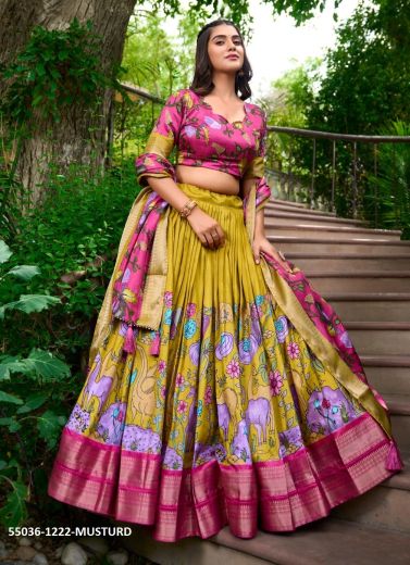 Mustard Yellow & Dark Pink Dolla Silk Floral Digitally Printed Festive-Wear Lehenga Choli