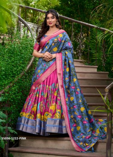 Dark Pink & Steel Blue Dolla Silk Floral Digitally Printed Festive-Wear Lehenga Choli