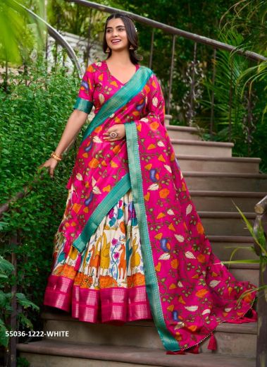 White & Magenta Dolla Silk Floral Digitally Printed Festive-Wear Lehenga Choli