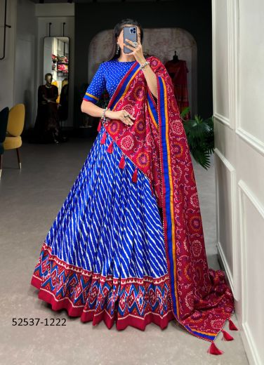 Blue & Red Tussar Silk Leheriya Printed Navratri Special Lehenga Choli [Chaniya Choli for Garba]