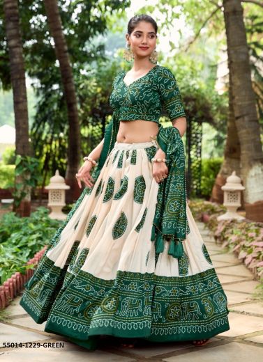 White & Green Tussar Silk Bandhani Printed Dupatta Lehenga Choli For Traditional / Religious Occasions