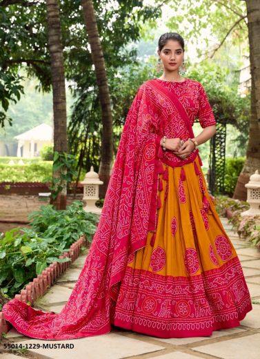 Dark Orange & Dark Pink Tussar Silk Bandhani Printed Dupatta Lehenga Choli For Traditional / Religious Occasions