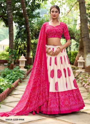 White & Magenta Tussar Silk Bandhani Printed Dupatta Lehenga Choli For Traditional / Religious Occasions