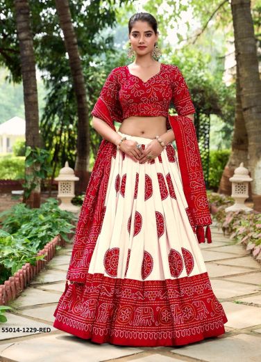 White & Maroon Tussar Silk Bandhani Printed Dupatta Lehenga Choli For Traditional / Religious Occasions