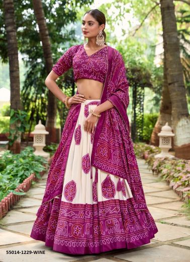 White & Purple Tussar Silk Bandhani Printed Dupatta Lehenga Choli For Traditional / Religious Occasions