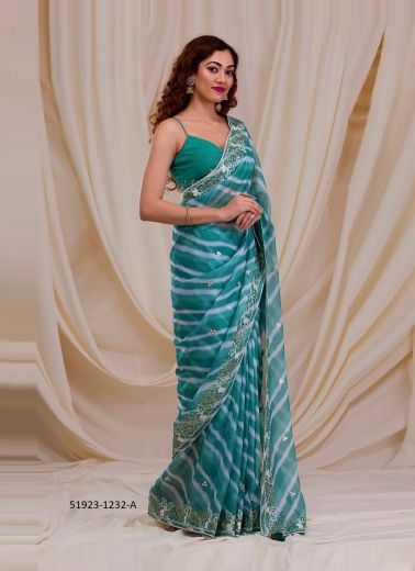 Teal Blue Georgette Digitally Printed Boutique-Style Saree For Kitty Parties