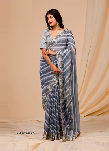 Gray Georgette Digitally Printed Boutique-Style Saree For Kitty Parties