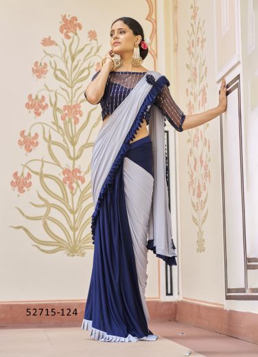 Blue & White Knitted Lycra Embroidered Party-Wear Beautiful Saree