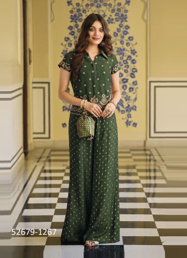 Green Silk Embroidered Party-Wear Readymade Co-Ord Set