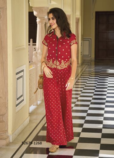 Red Silk Embroidered Party-Wear Readymade Co-Ord Set