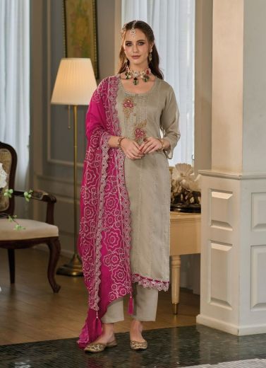 Beige Embroidered Party-Wear Salwar Kameez With Magenta Dupatta