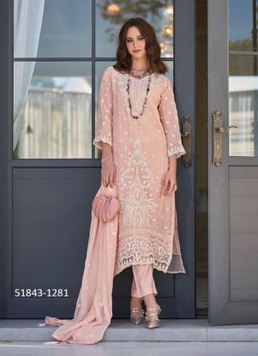 Light Salmon Pink Organza Thread-Work Pakistani Readymade Salwar Kameez For Traditional / Religious Occasions