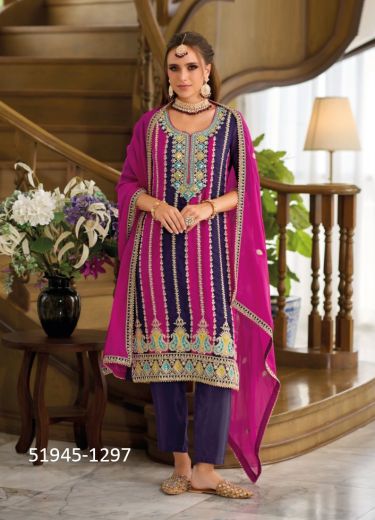 Magenta & Violet Organza Embroidered Pant-Bottom Readymade Salwar Kameez For Traditional / Religious Occasions