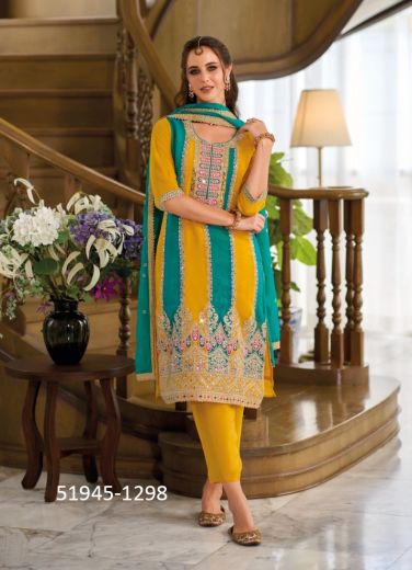 Yellow & Teal Blue Organza Embroidered Pant-Bottom Readymade Salwar Kameez For Traditional / Religious Occasions