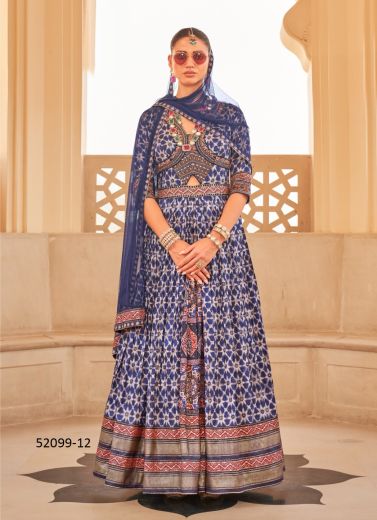 Blue Silk Foil-Printed Wedding-Wear Readymade Gown With Dupatta