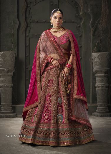 Purple Velvet Handwork Wedding-Wear Readymade Bridal Lehenga Choli [With Double Dupatta]