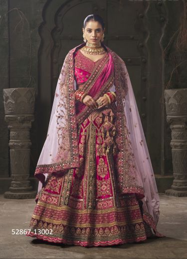 Magenta & Green Velvet Handwork Wedding-Wear Readymade Bridal Lehenga Choli [With Double Dupatta]